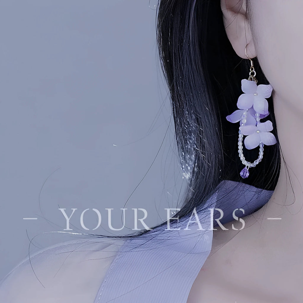 Handmade purple gradient embroidered ball flower earrings with tassel, artificial crystal and heat shrink sheet, one pair
