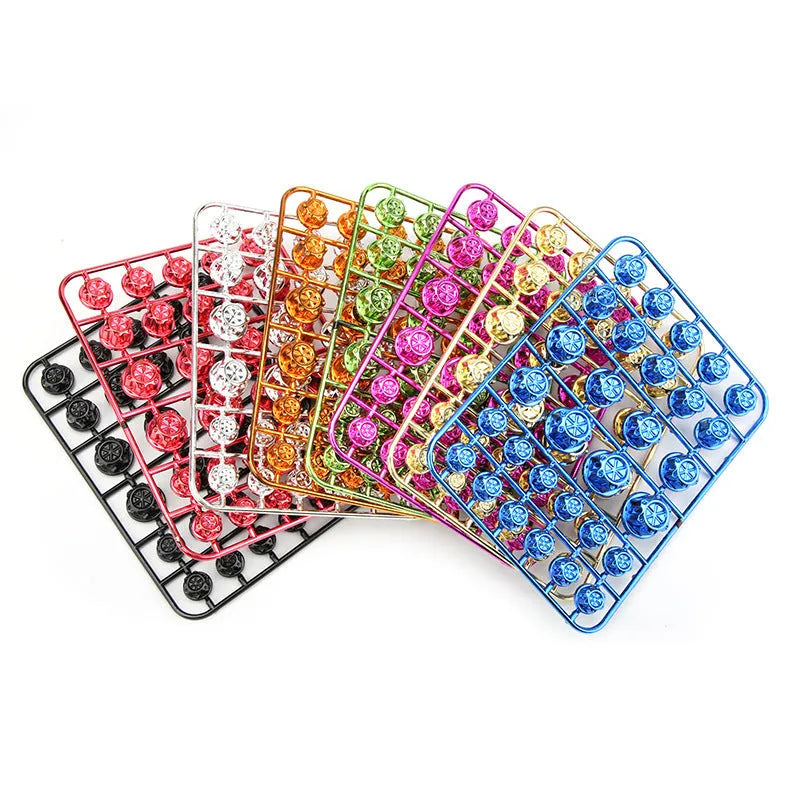 Set of 30 coloured ABS plastic screw caps for motorcycle engine modification, showing black, red, gold, blue, silver, green, orange, and purple options
