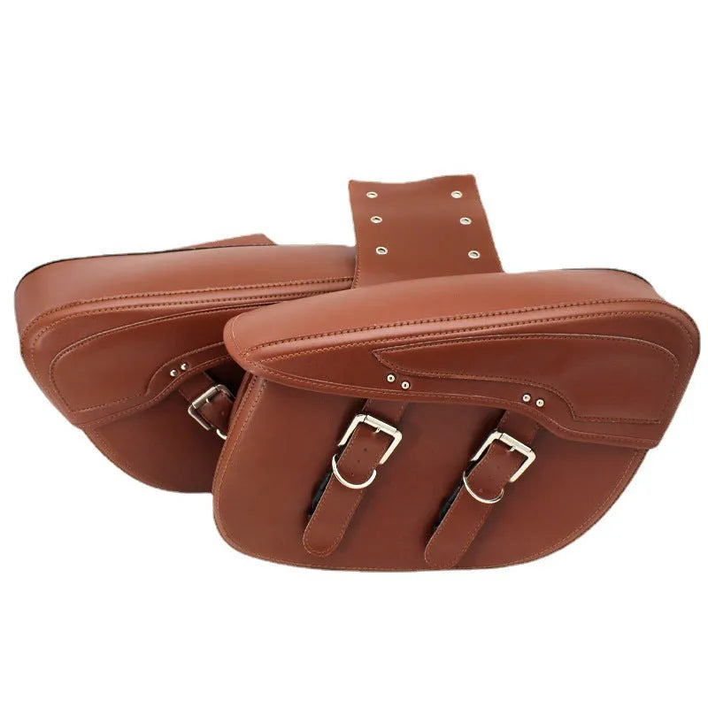 Motorcycle side box saddle bag in black PU leather with retro wind design showing 42cm width