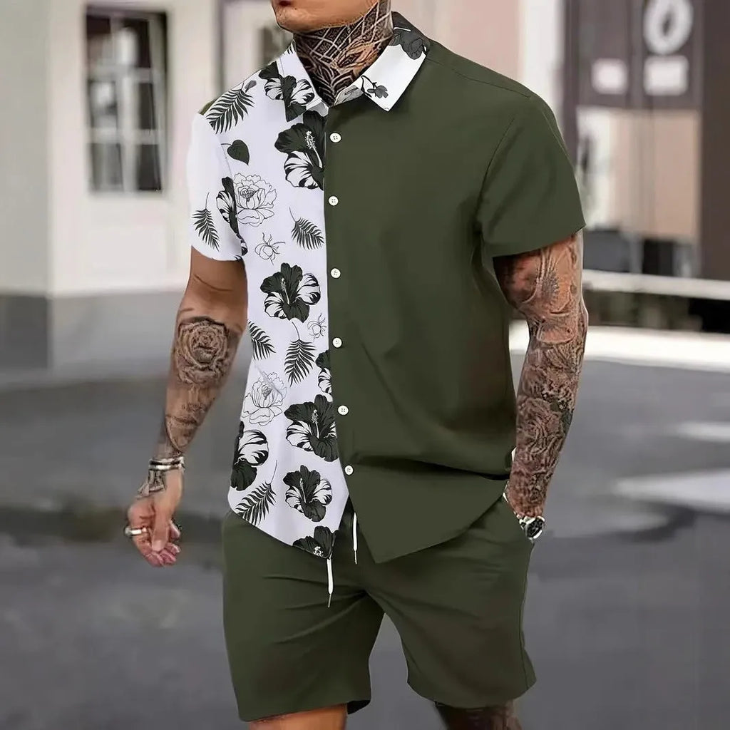 Men's Hawaii 3D printed short sleeve suit with matching shorts in vibrant patterns