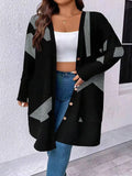 Black plus size knitwear cardigan with button stitching, loose fit, regular sleeves, sizes S to XXL