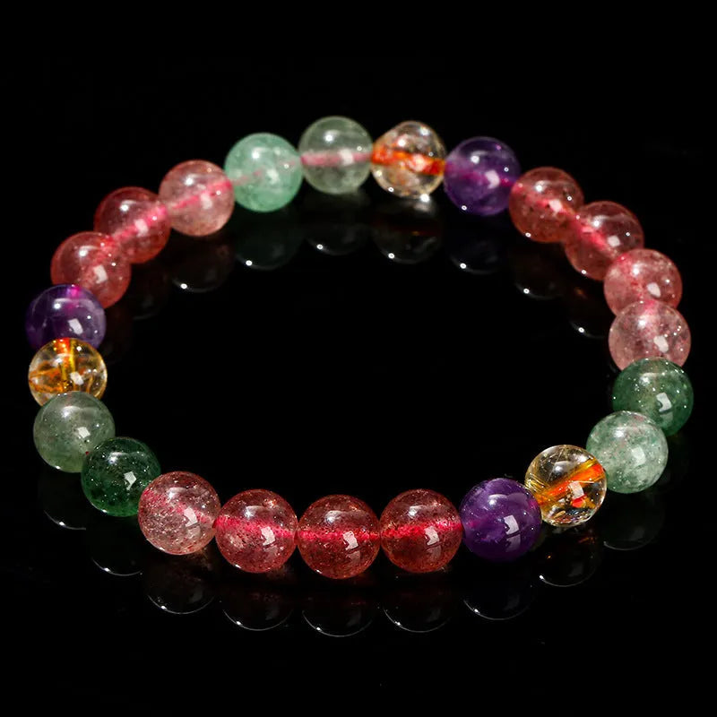 Women's strawberry quartz bracelet with round beads in a natural tourmaline colour
