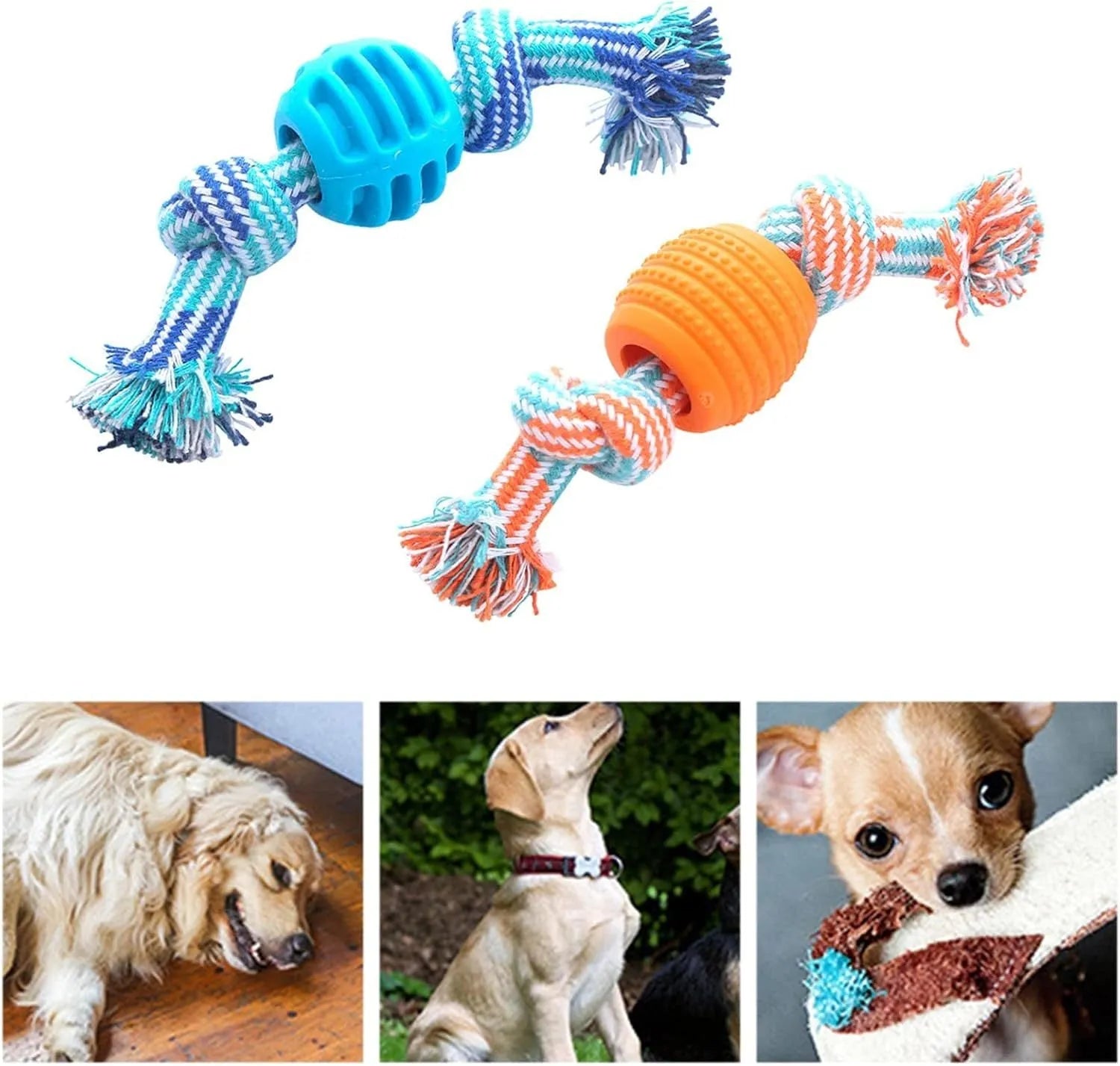 Blue dog chew toy with ropes and textured surfaces for dental cleaning