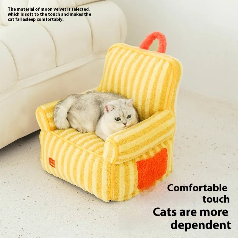 Striped pet bed with removable cover in soft velvet fabric, suitable for dogs