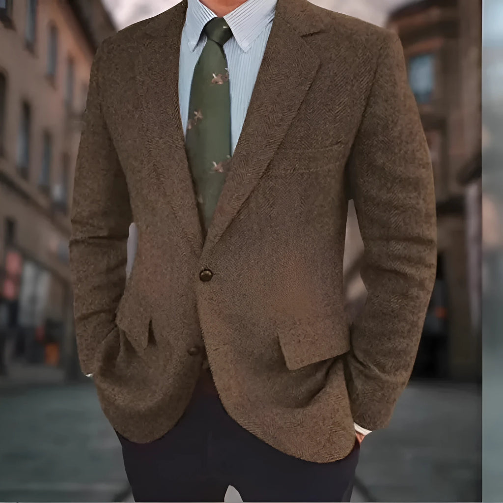 Men's brown herringbone retro suit jacket with long sleeves on a hanger.