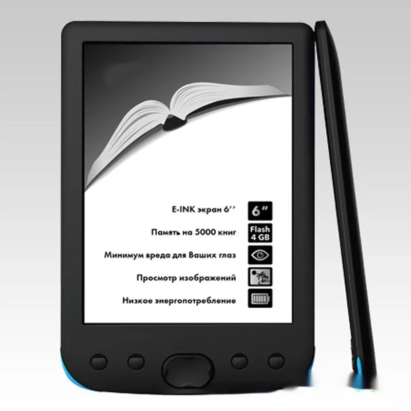 Black 6-inch E-ink screen e-book reader on a table.