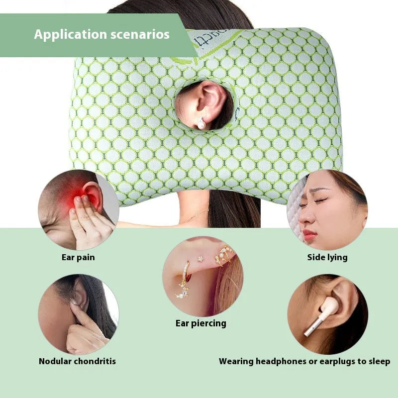 Beauty salon single hole ear pillow showing 39x28x6cm dimensions with central aperture for ear pressure relief