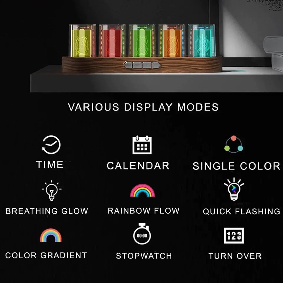 RGB LED digital tube clock showing colourful time display on a desk.