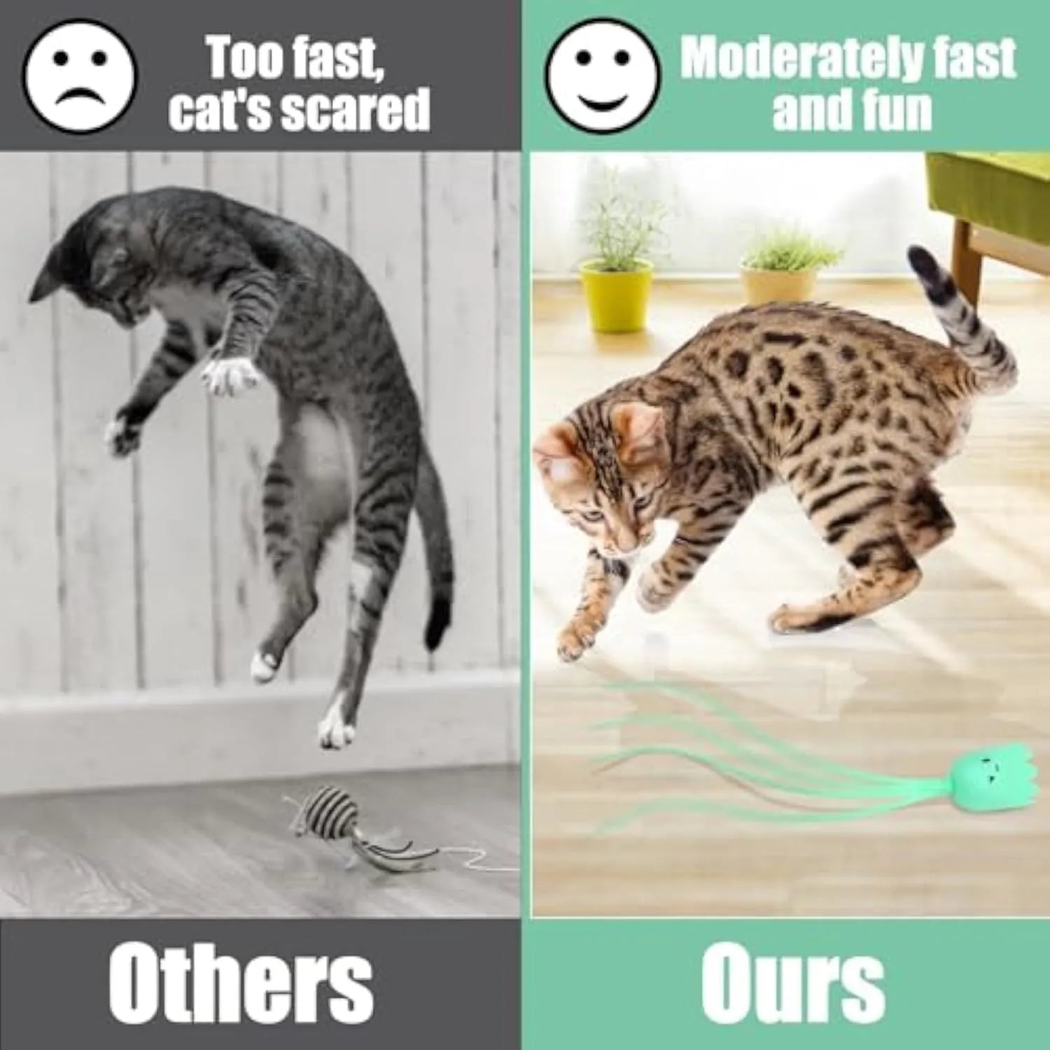 Green automatic cat wand toy with swinging silicone tails, 38cm length, for indoor cat entertainment
