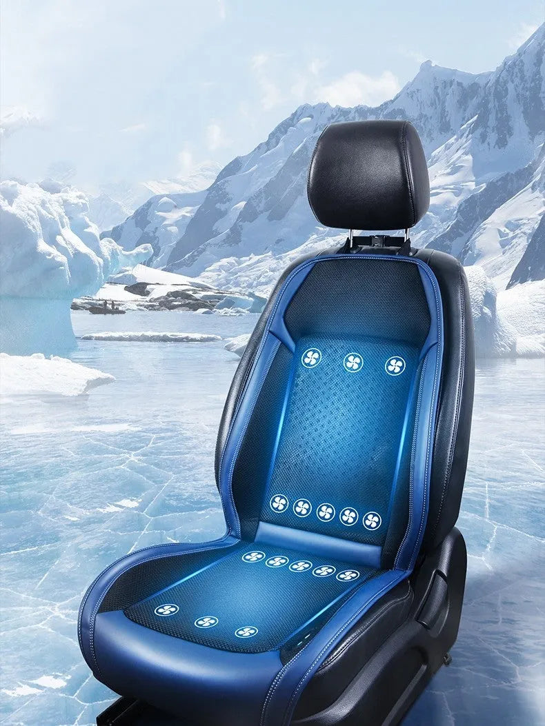 Car seat cooling pad with universal 12V/24V power, USB port, and solid colour design