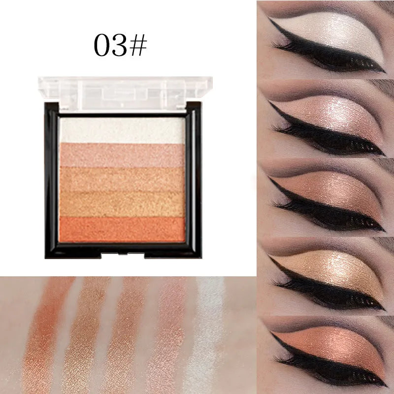 A compact highlighting eye shadow palette with six colour pans for contouring and brightening makeup.