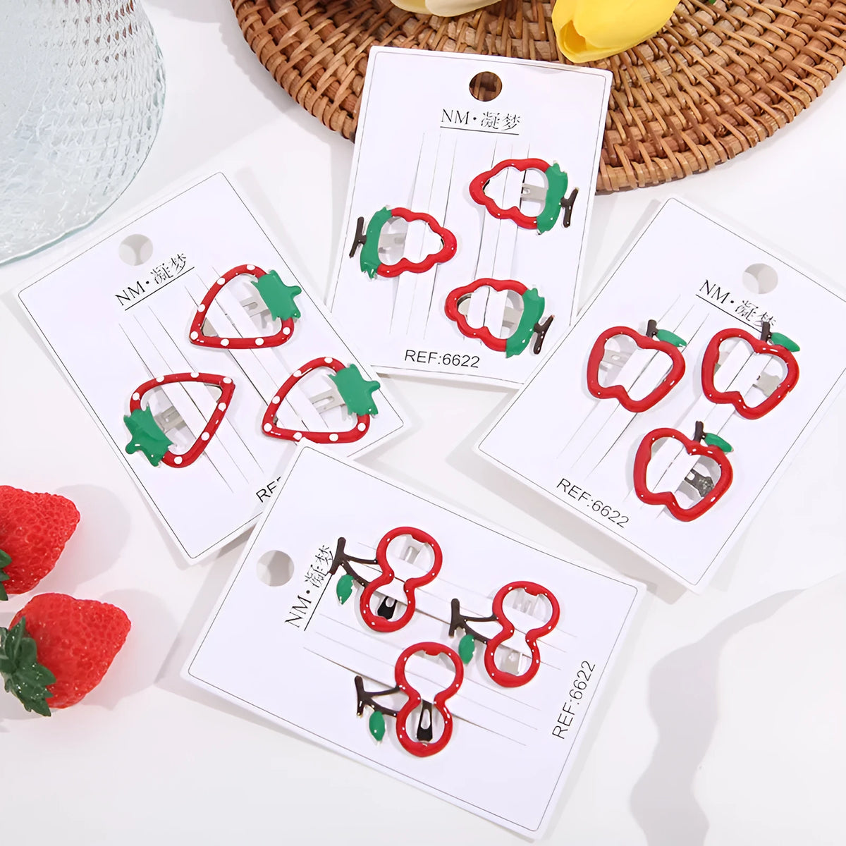 Children's cartoon fruit hair clips in cherry, apple and strawberry designs, plastic barrettes set