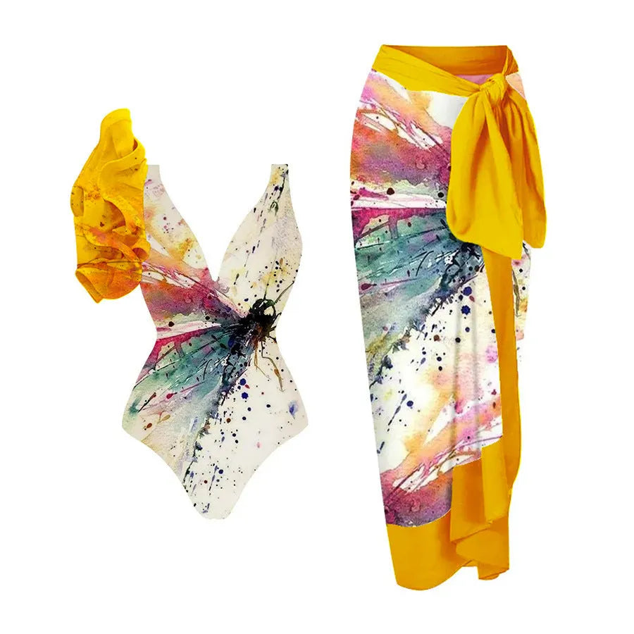 Yellow women's one-piece nylon swimsuit with conservative coverage and sleeveless design