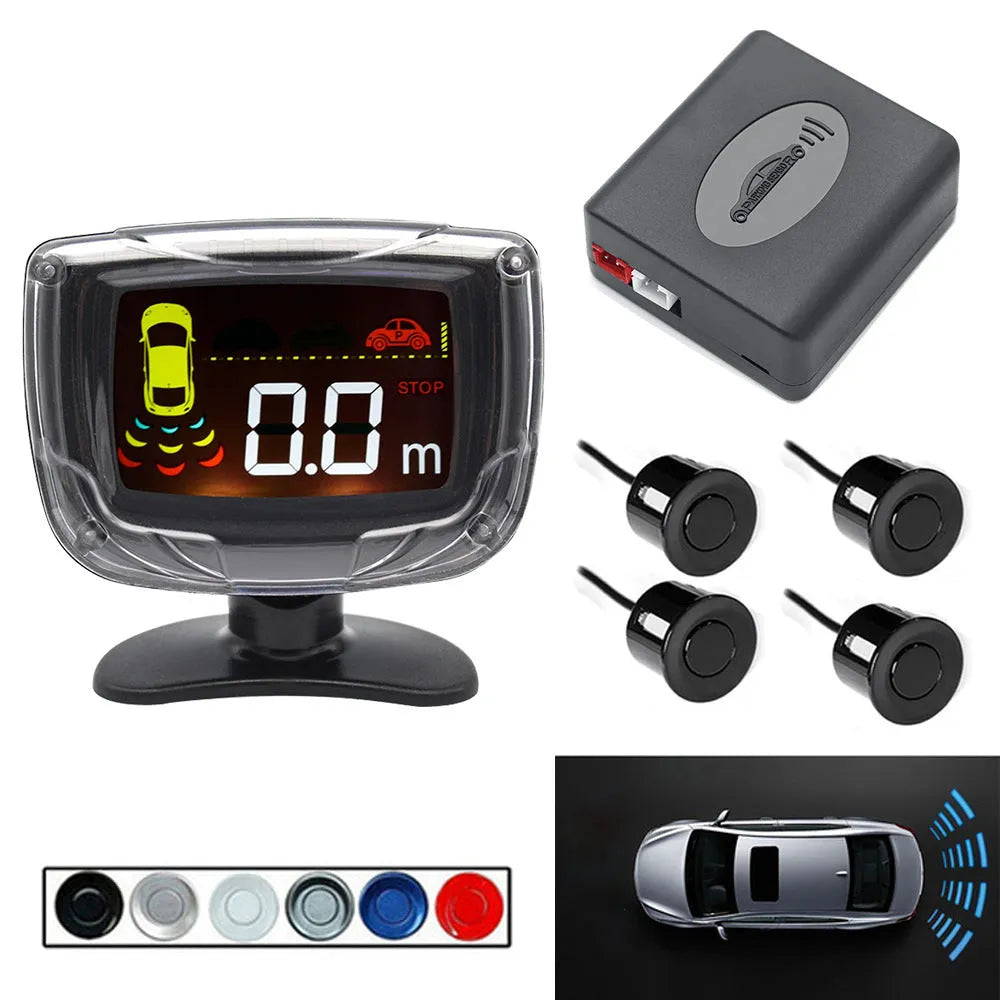 Wireless vehicle reversing sensor system with display unit and four embedded probes for obstacle detection