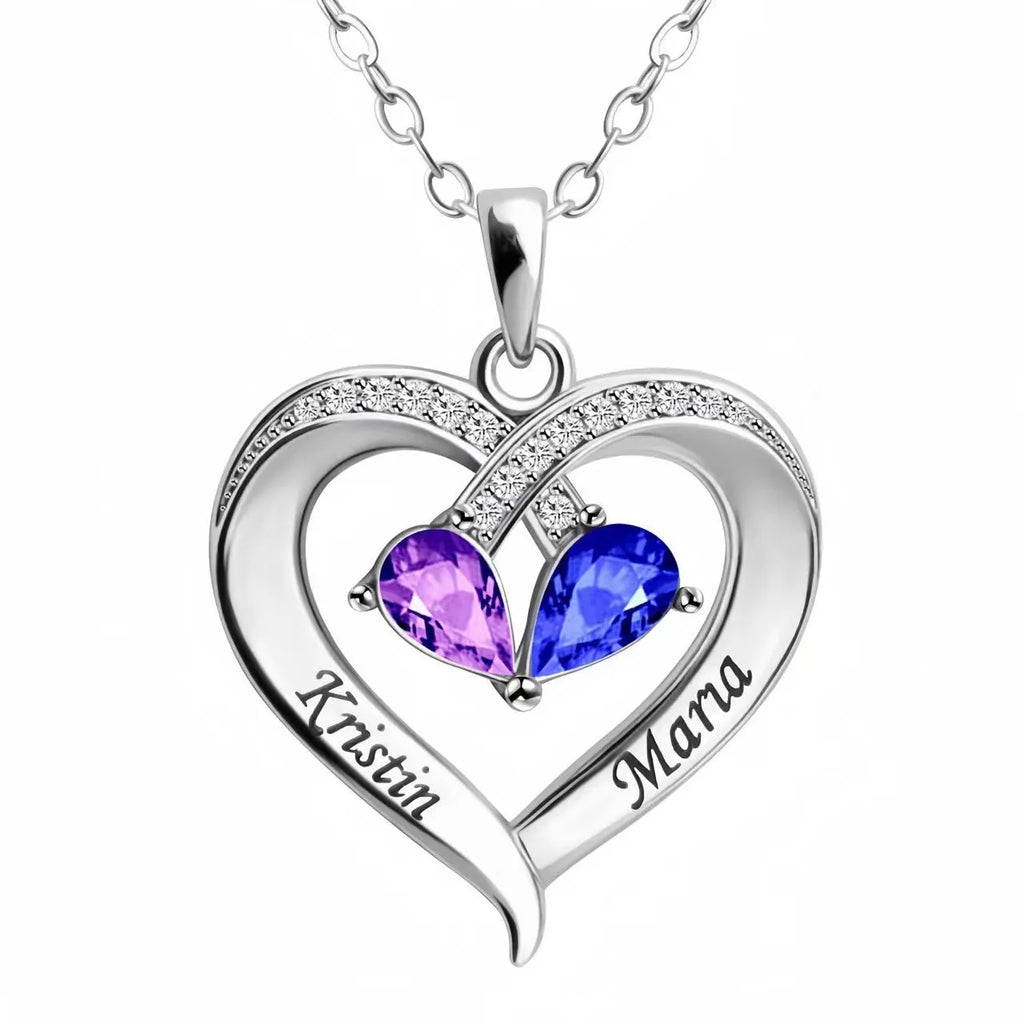 Two-colour water drop heart shape pendant necklace with diamond and birthstone on a gold chain.