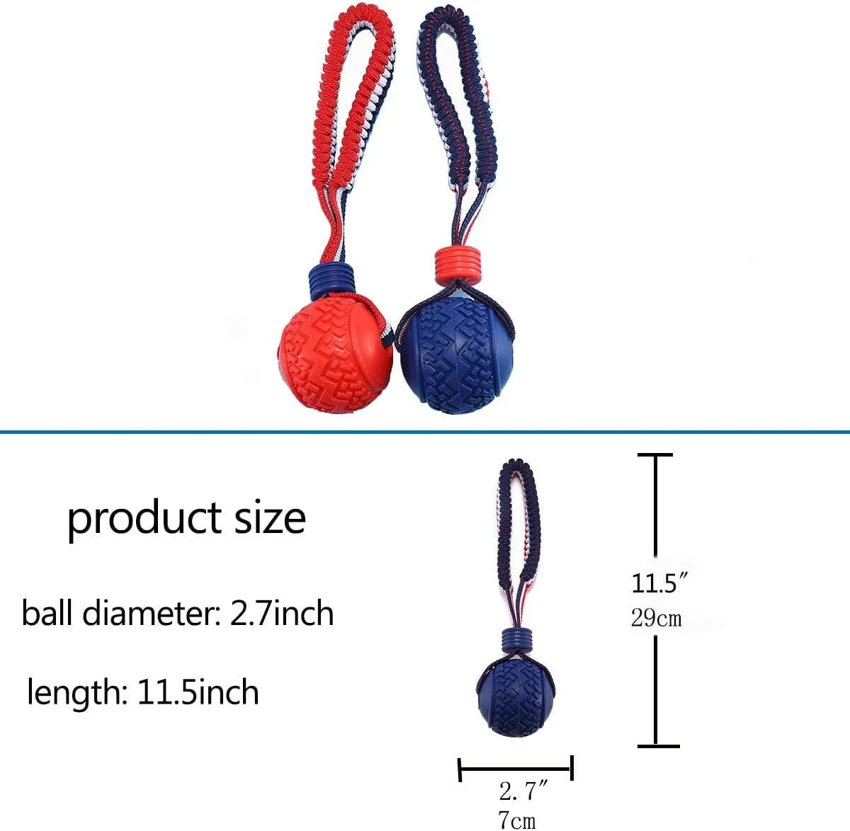 Blue dog ball with rope toy showing 6.5cm rubber ball and 29cm rope for dental cleaning and tugging games