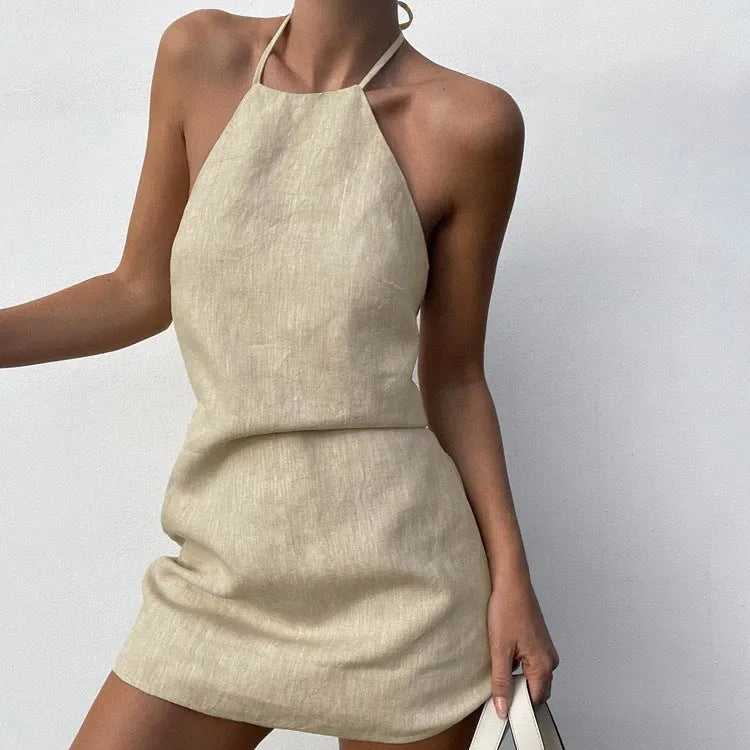 Women's solid colour linen A-line dress for summer in midi length