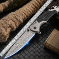 Folding knife with alloy handle and 60-degree blade tip, unfolded to 225mm length
