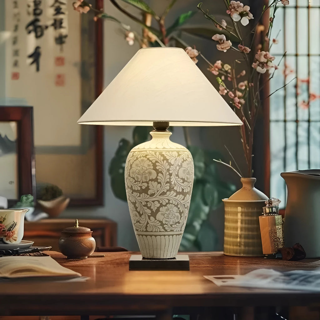 New Chinese style ceramic table lamp with fabric shade, 59 x 42cm, for study room decoration