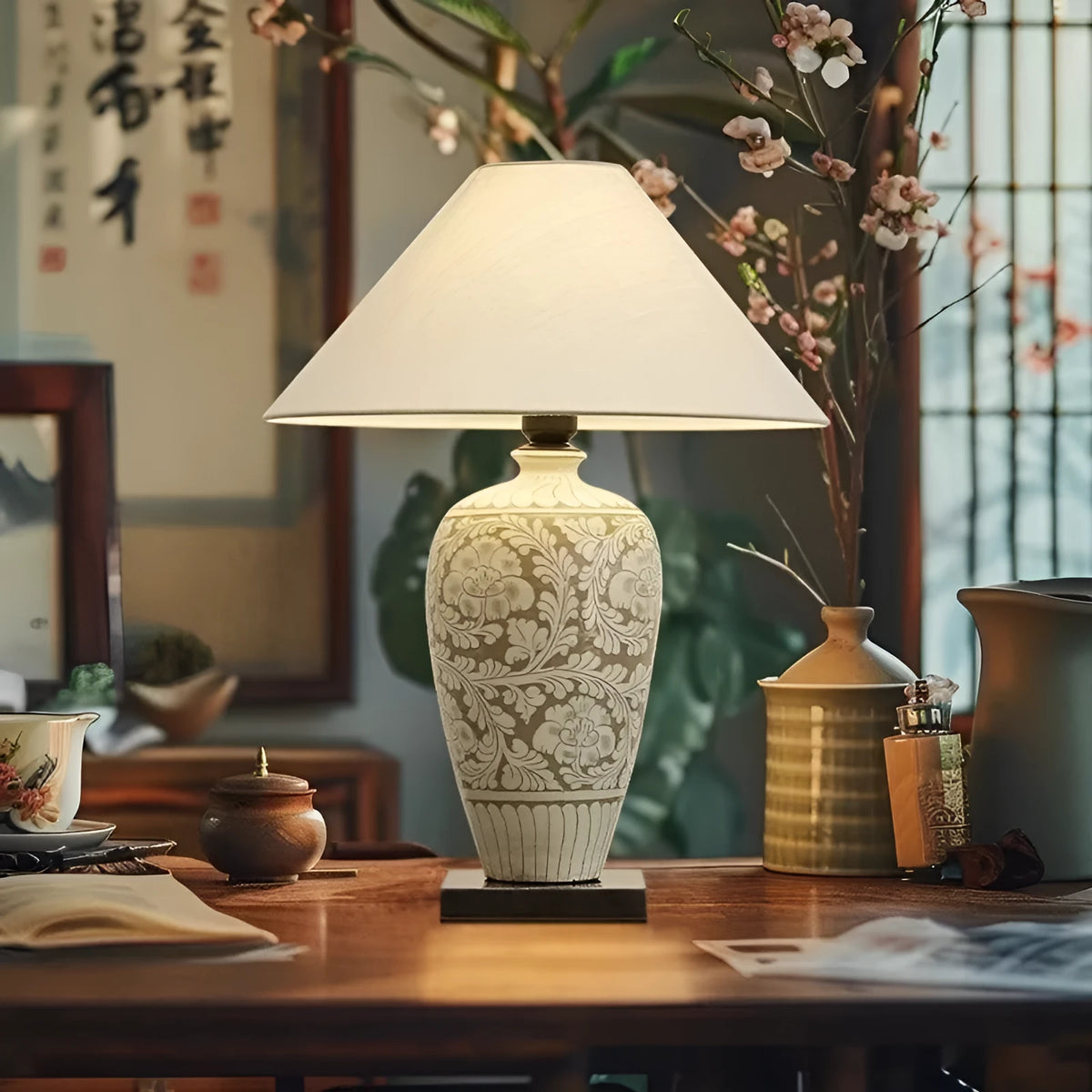 New Chinese style ceramic table lamp with fabric shade, 59 x 42cm, for study room decoration