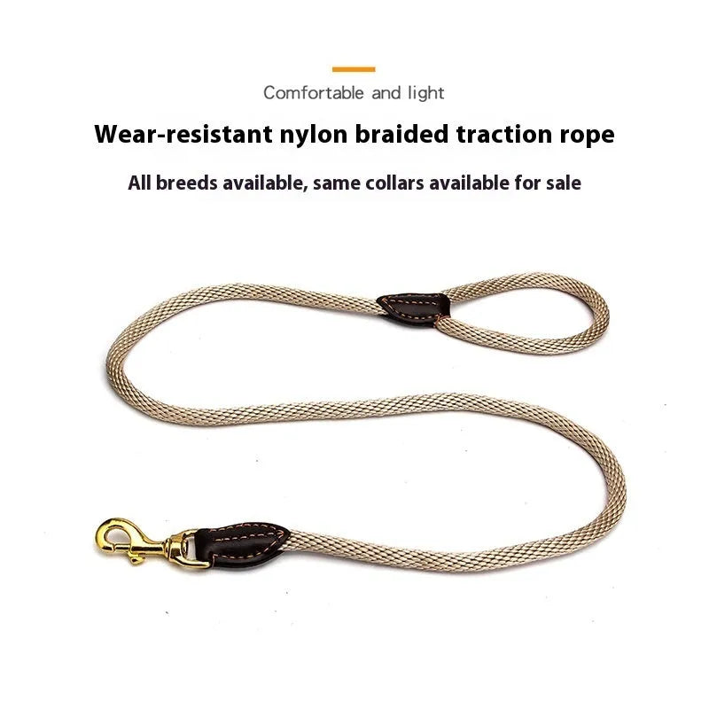 Nylon dog lead with hand-holding rope, 130cm long, black or brown, for small and medium dogs