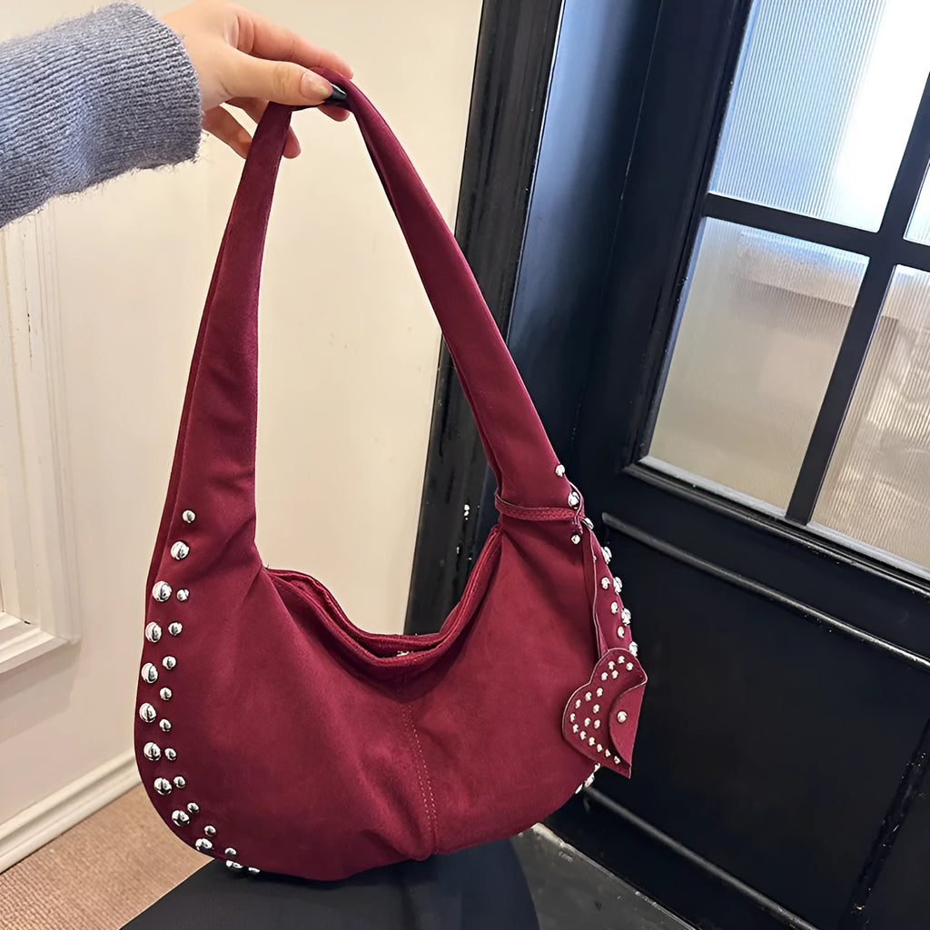 Soft plush retro style women's tote handbag held underarm in black, red, brown, green, and coffee colour options.