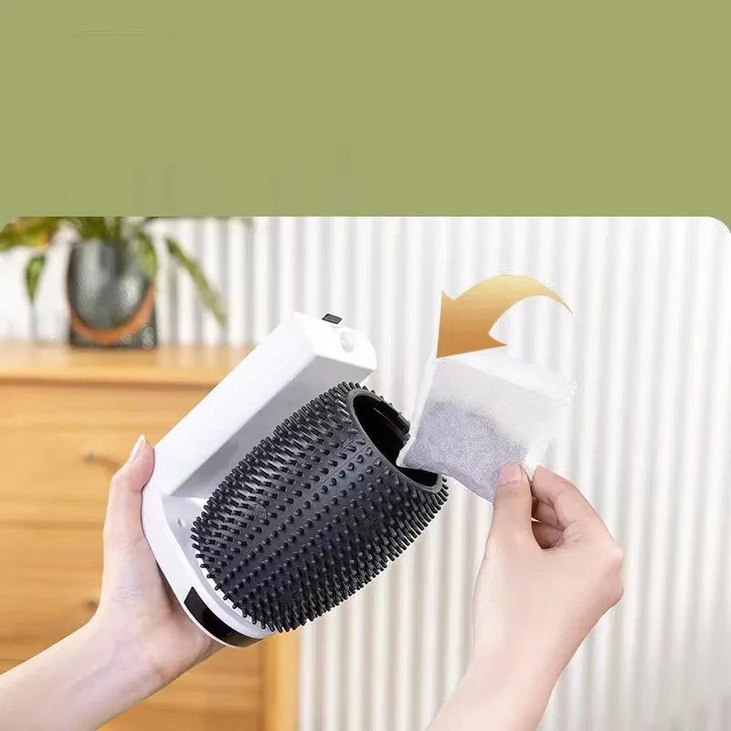 White automatic cat self-groomer wall corner brushes with scratching surfaces for feline independent grooming