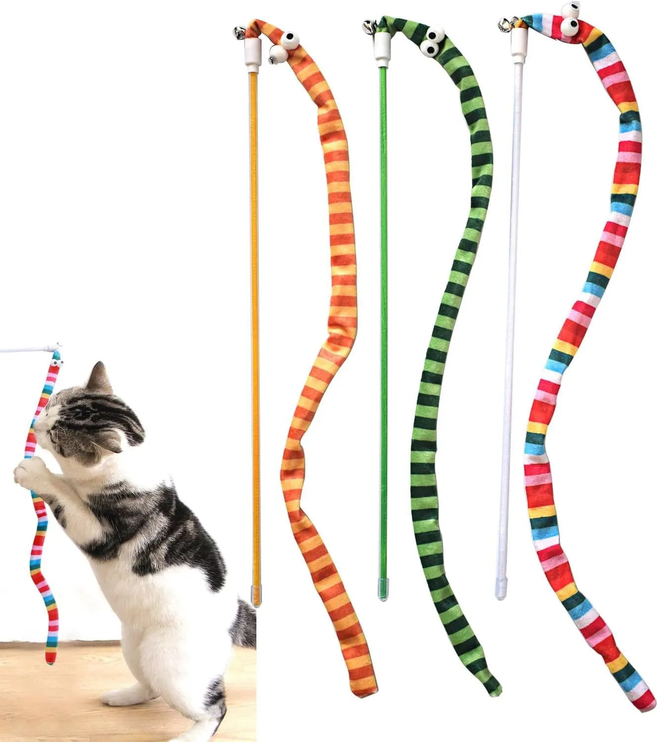 Cat wand toy with polycarbonate pole and plush strip in green, orange or rainbow colours for interactive feline play
