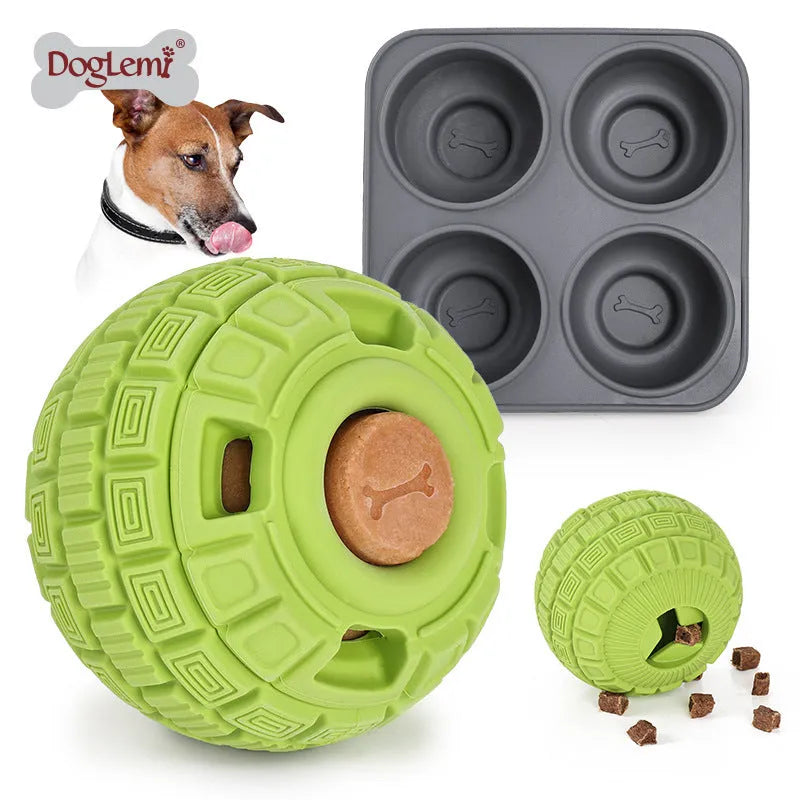 Green natural rubber dog treat dispensing ball with dropping function for mental stimulation