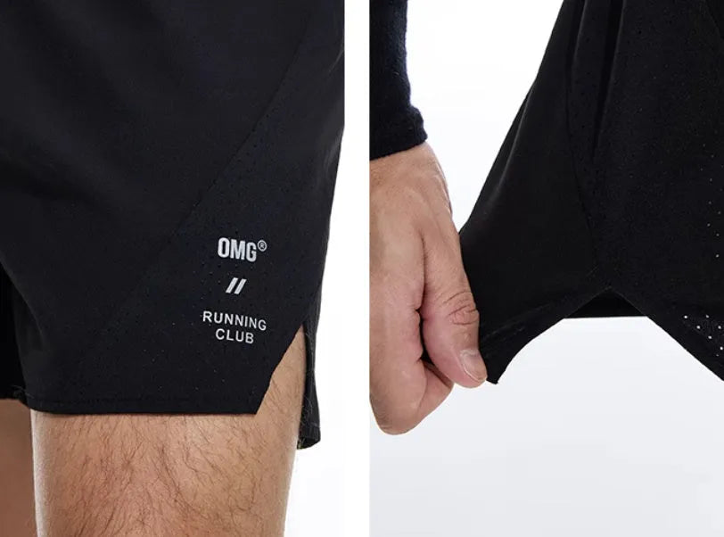 Running shorts in Mysterious Black with laser punching stitching and four-sided stretch fabric, sizes 2XL to XL.
