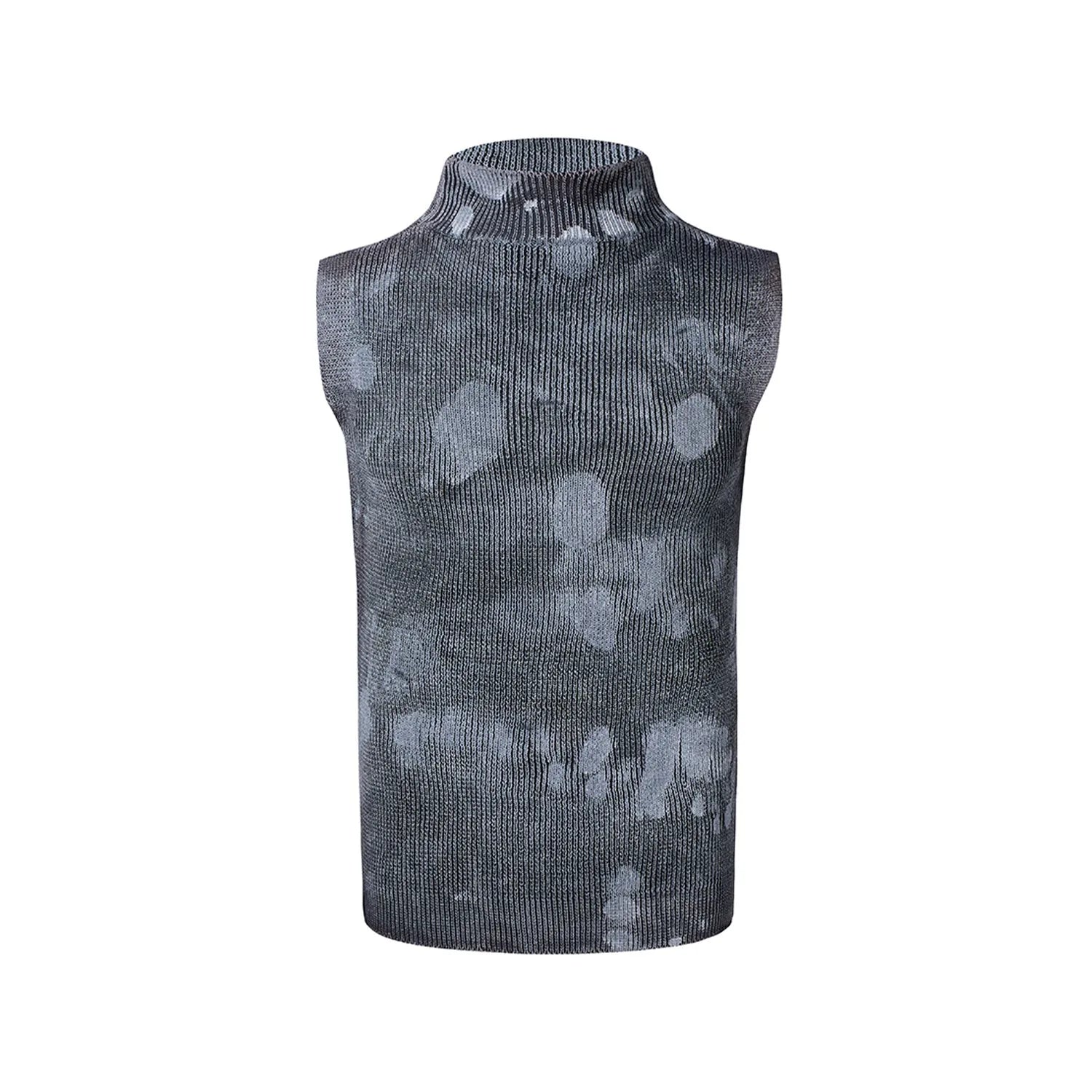 Men's black silver pastebrushing sleeveless stretch turtleneck t-shirt with stand collar