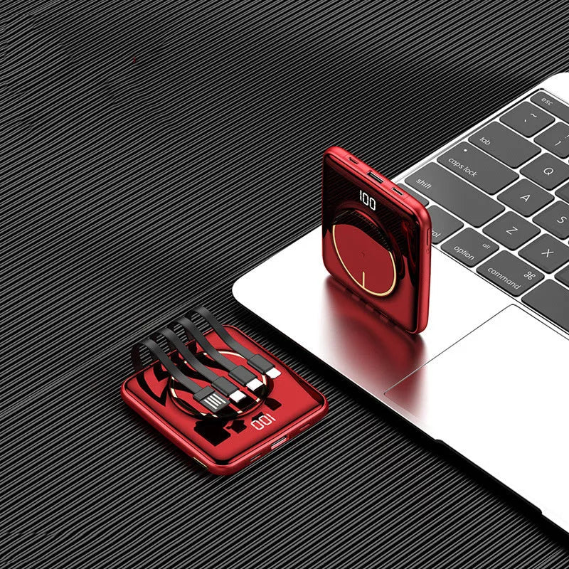20000mAh portable power bank with LCD display showing battery percentage, available in black, green, and red colours