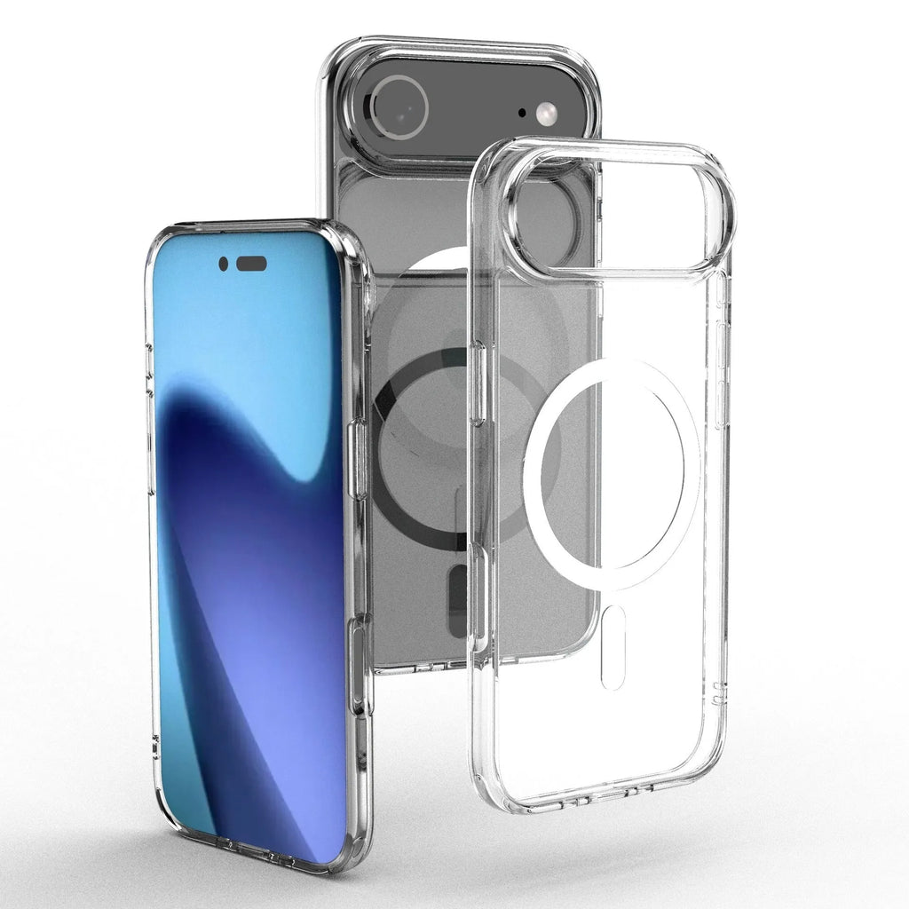 Transparent magnetic phone case for iPhone 17 showing clear design with magnetic ring and precise port cutouts