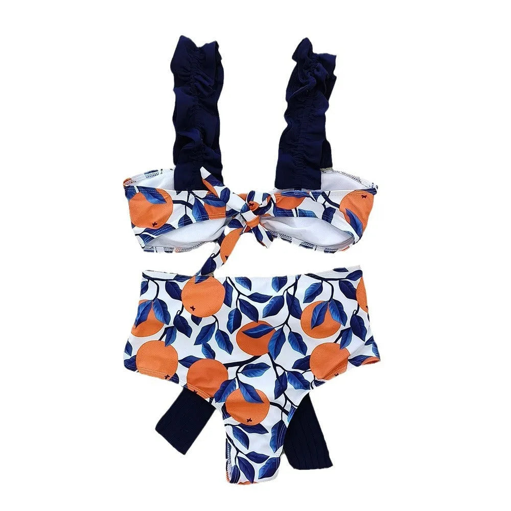 Women's blue leaf orange printed high waist bikini swimsuit with sleeveless design