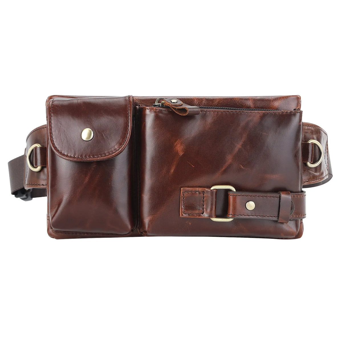 Men's black or brown leather belt bag with first layer cowhide, cotton lining, and sewing line detail.