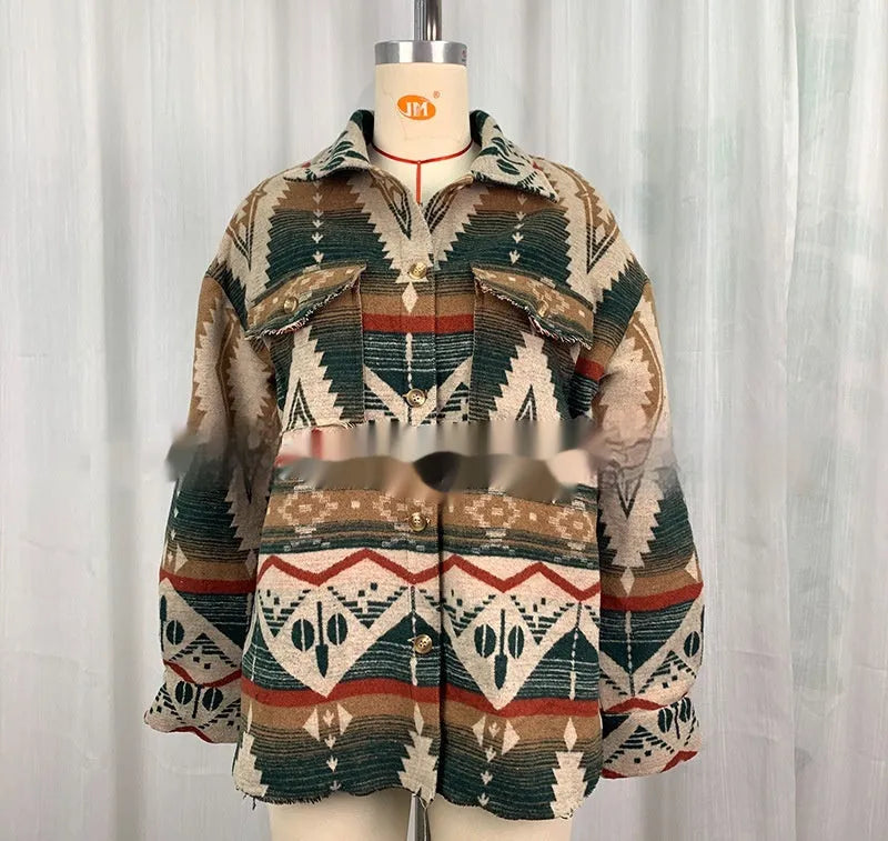Retro style woolen jacket in army green colour with loose fit and long sleeves for female wearers