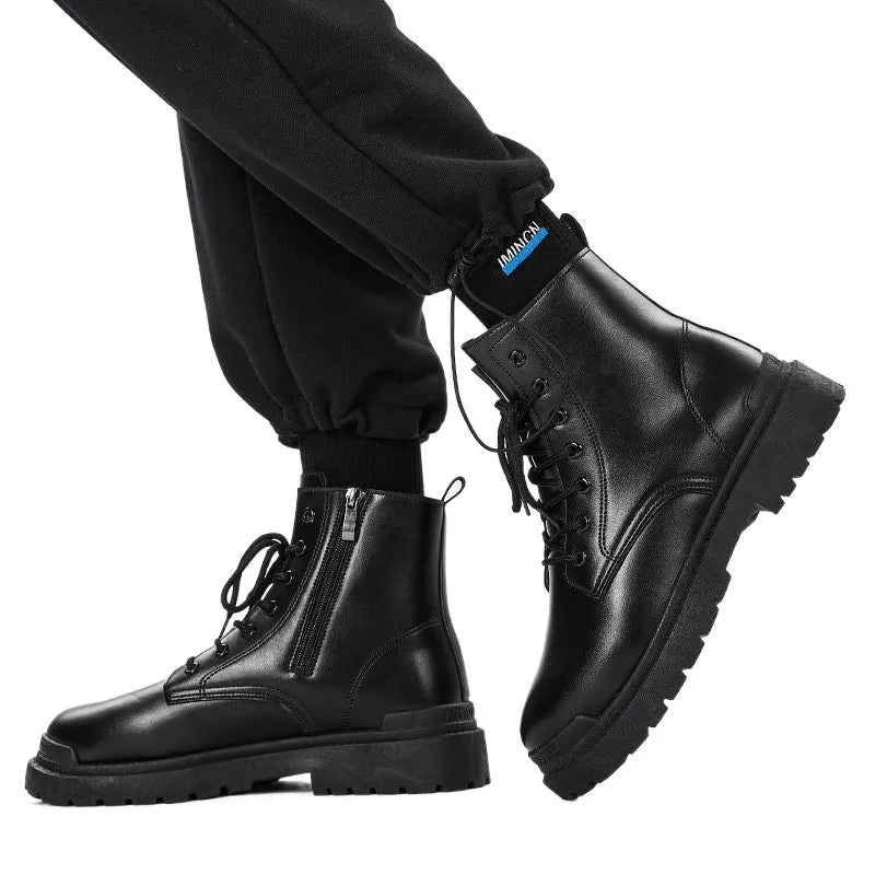 Men's mid-top waterproof boots with PU upper and rubber sole in black colour, sizes 39-44 available