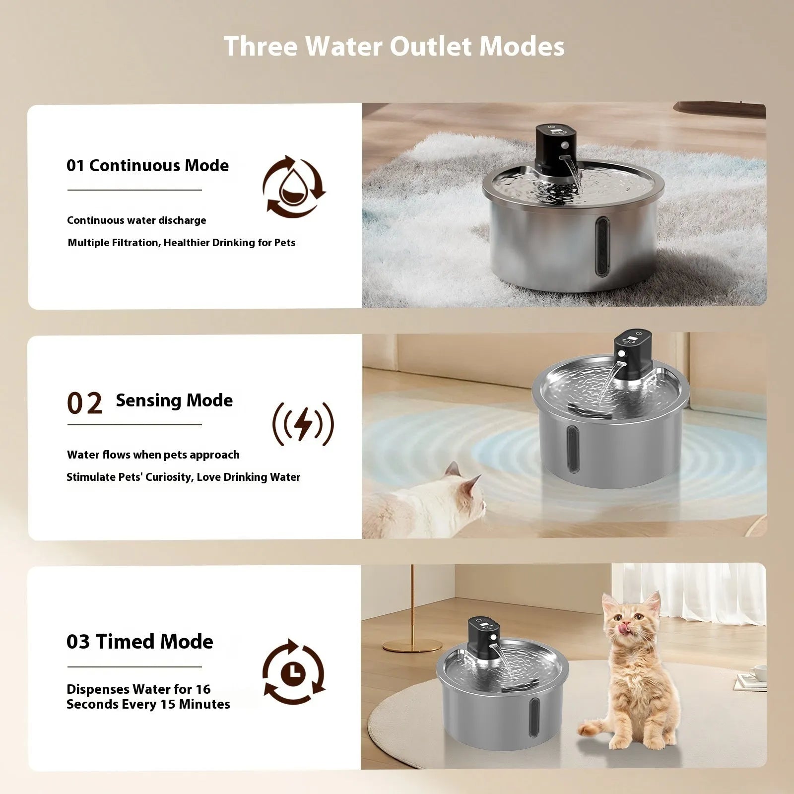 White stainless steel cat water fountain with heating base and USB cable on a kitchen floor