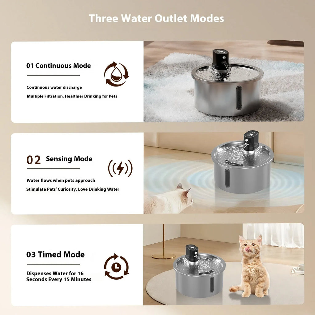 Stainless steel cat water fountain with white base and nine temperature gears, for dogs and cats hydration