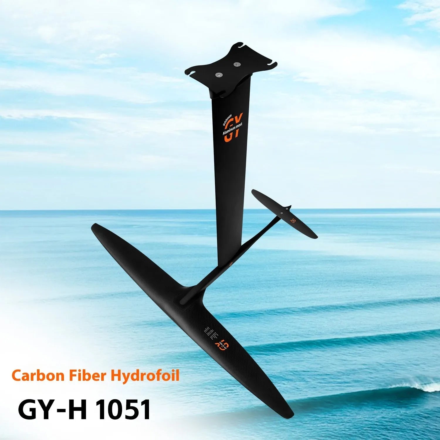 Black carbon fibre hydrofoil with 1051mm front wing for surfing