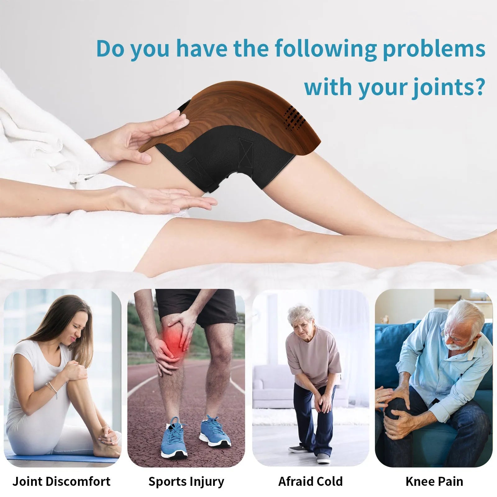 White intelligent electric knee massager with adjustable straps, showing control panel for heat and vibration settings.