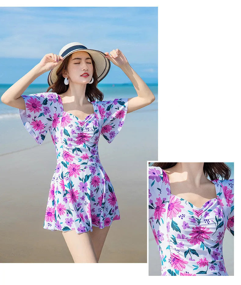 Women's slim dress-style one-piece swimming costume with printed floral pattern