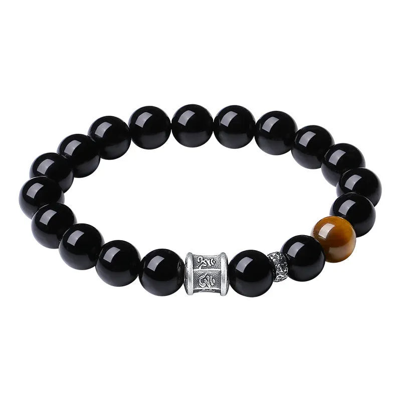 Hand-woven pure silver obsidian bracelet with Tibetan prayer wheel and 10mm beads