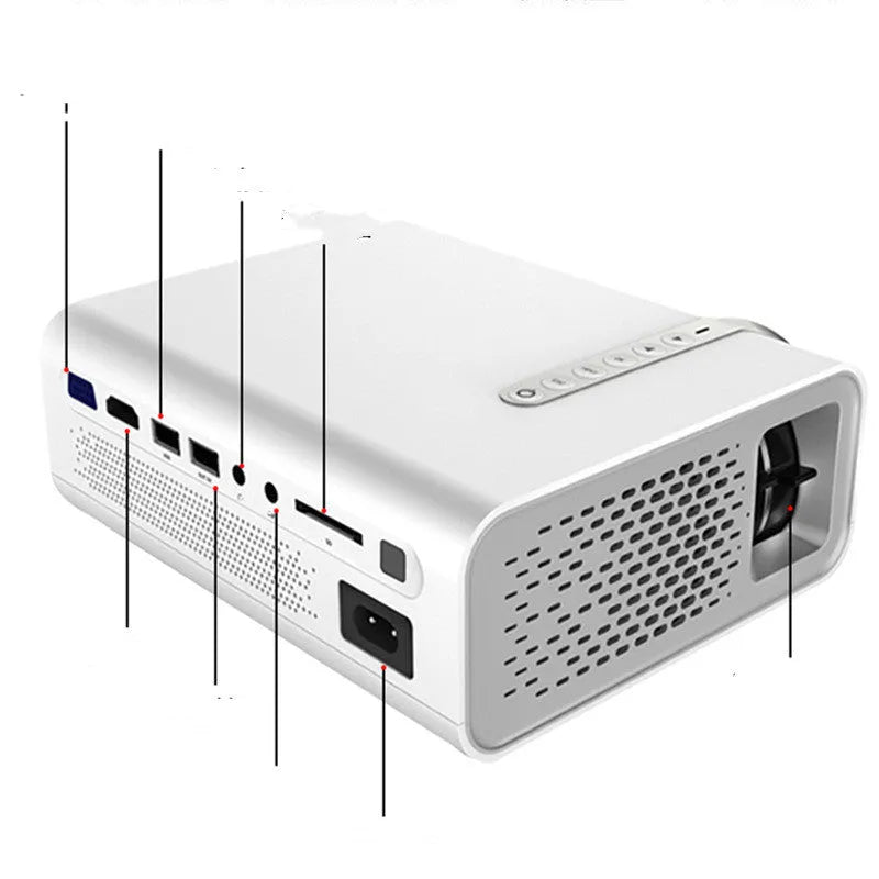 Portable HD 1080P projector with LED lens, 30-138 inch front projection, white or black, general or mobile phone screen version.