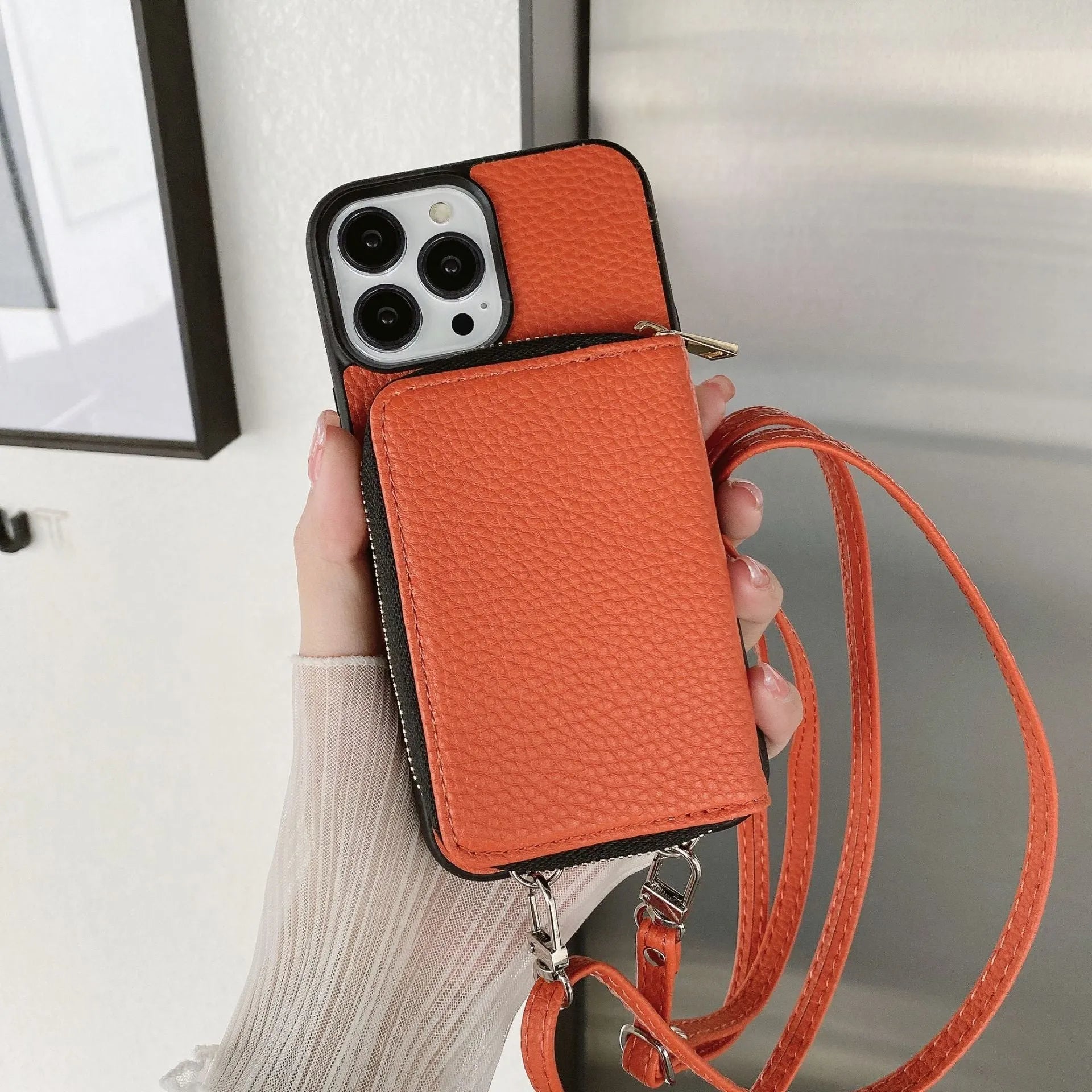 Litchi patterned iPhone protective case in PC and leather showing colour options.