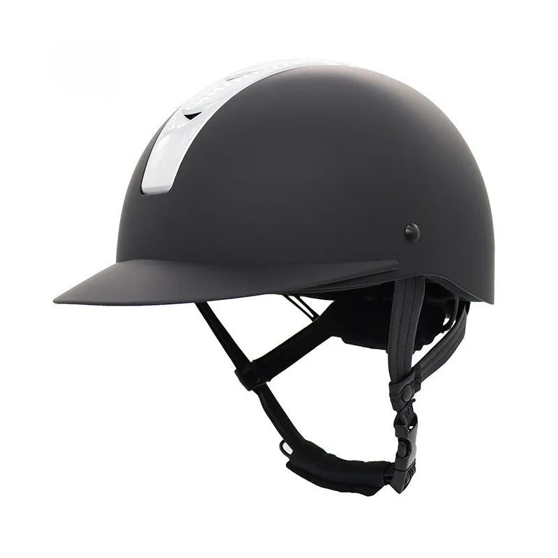 Lightweight equestrian helmet in silver black colour with ABS shell, shown from side view