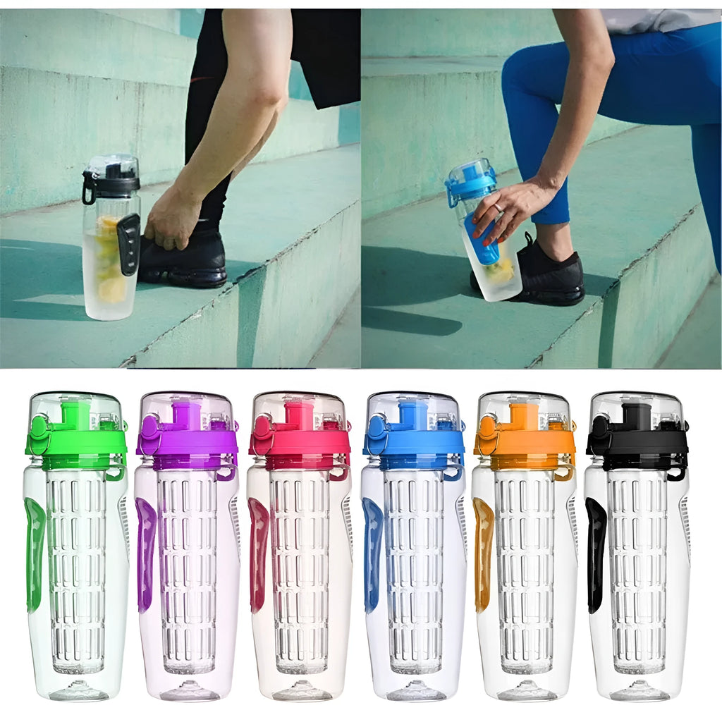 32oz BPA-free plastic water bottle with fruit infuser insert and leak-proof sports cap