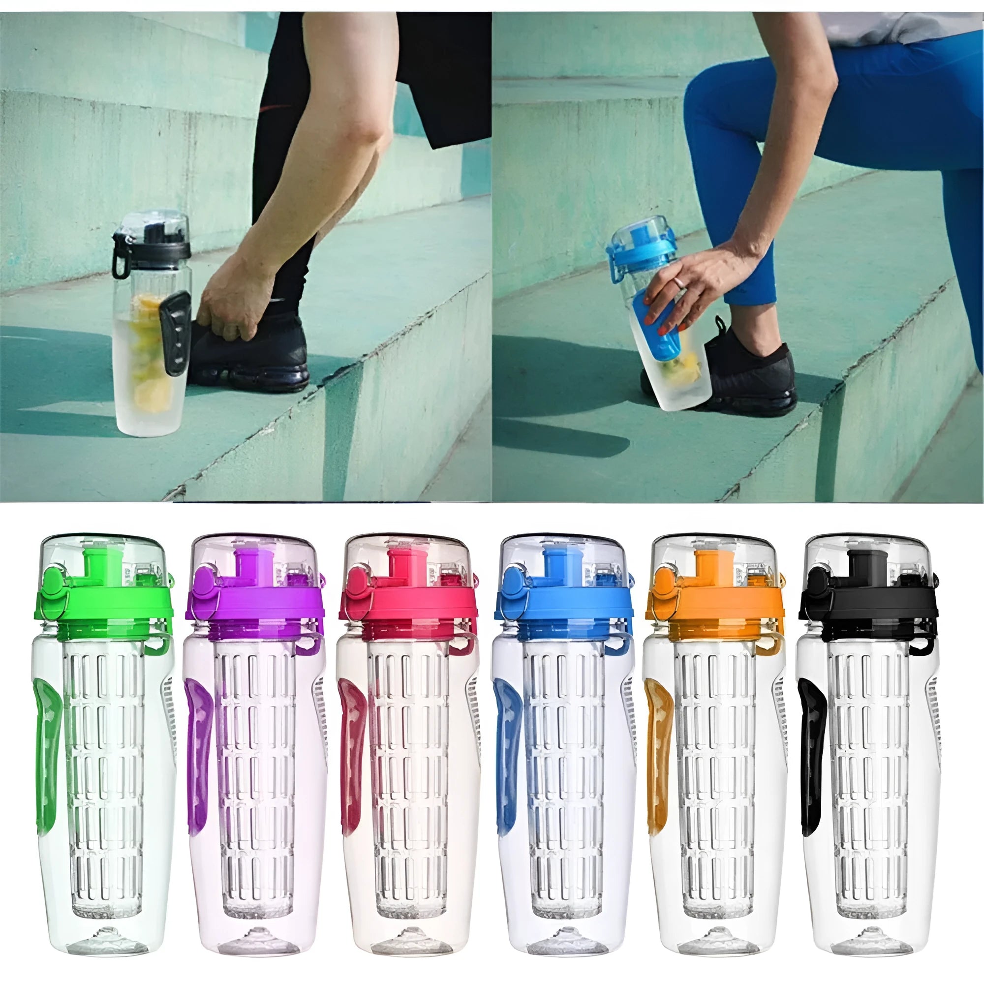 32oz BPA-free plastic water bottle with fruit infuser insert and leak-proof sports cap