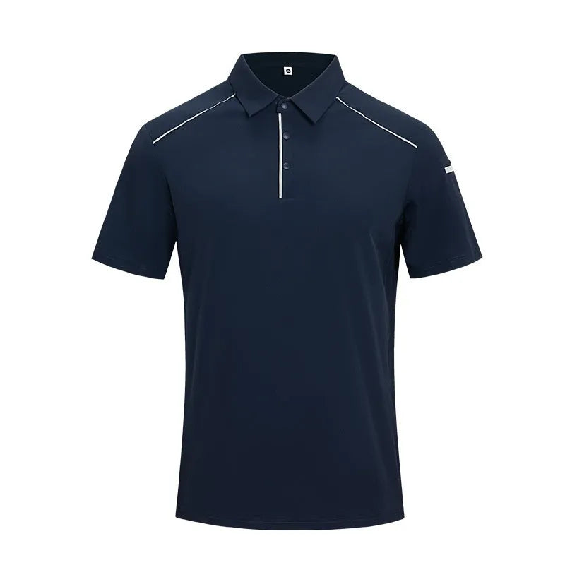 Men's loose fit nylon T-shirt with a stand collar and contrasting colour stitch details.