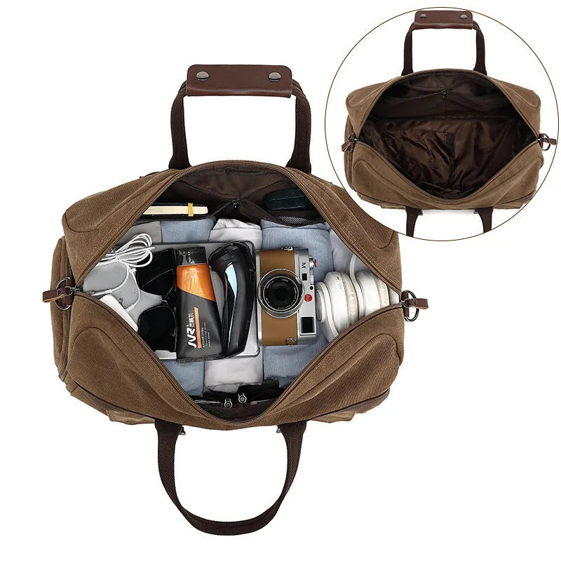 Men's canvas crossbody travel bag in retro style with 36-55 litre capacity